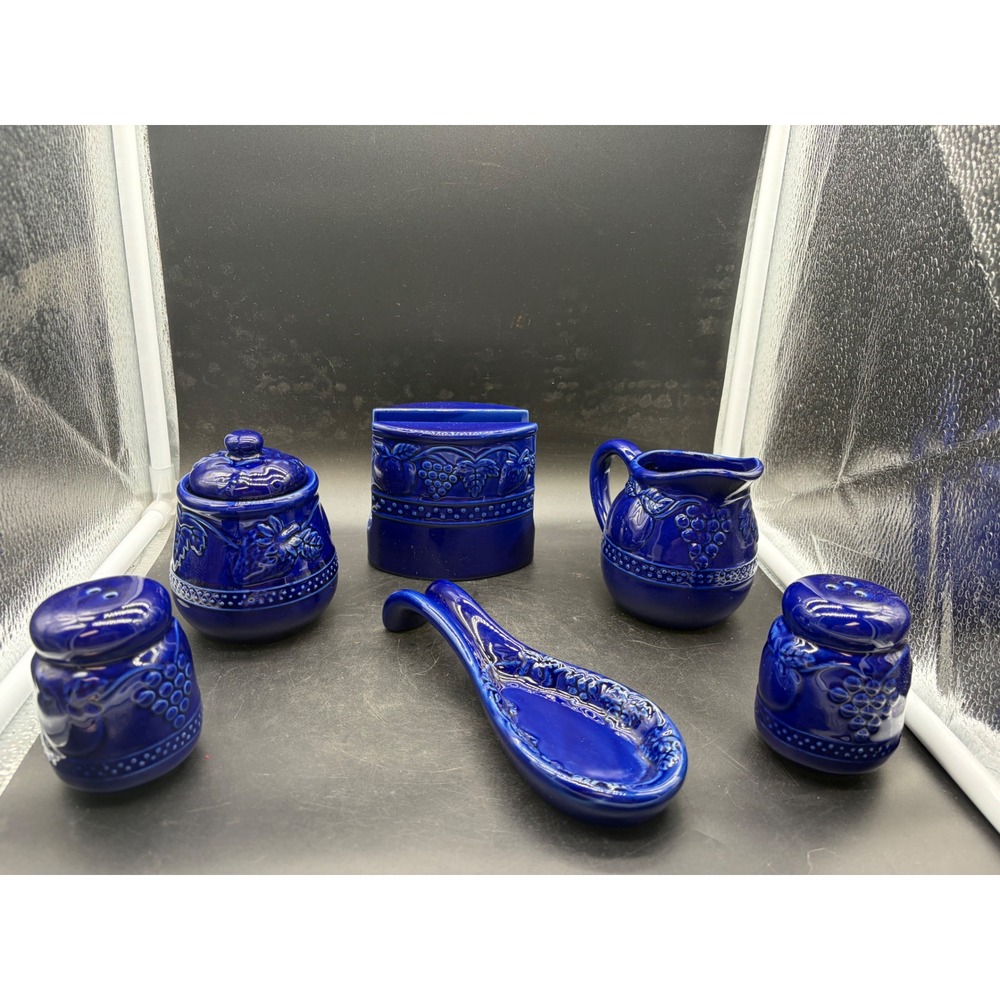 Vintage Cobalt Blue Ceramic Grape Set Sugar Creamer Spoon Rest Shakers Napkin